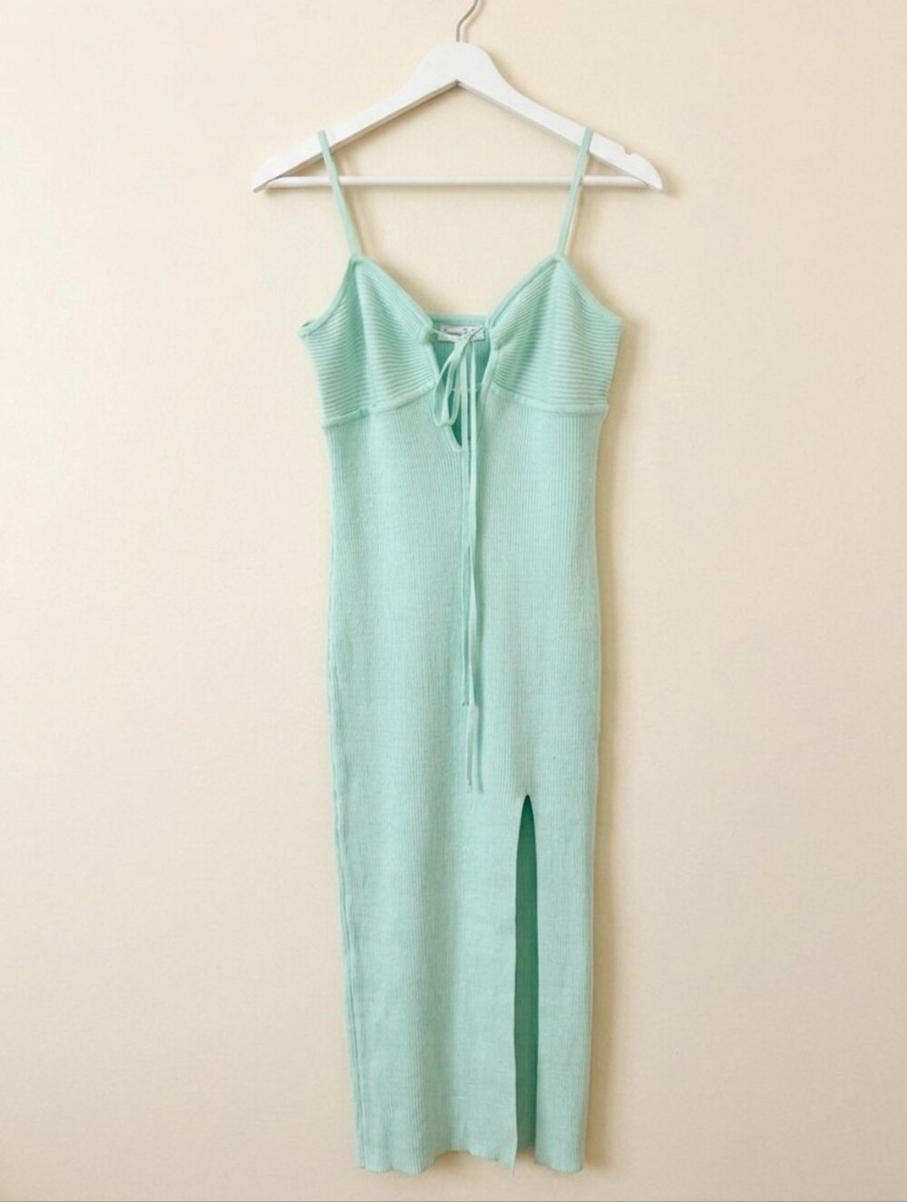 Emory Park Mint Green Ribbed Knit Tie-Front Slit Midi Dress Fits Like Medium